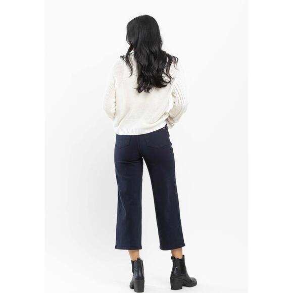 Judy Blue High Waist Tummy Control Garment Dyed Wide Leg Crop Navy Denim Jeans - Picture 2 of 6